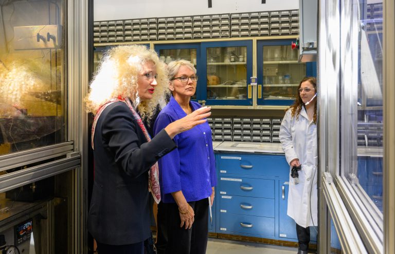 Radenka Maric, interim president, gives U.S. Secretary of Energy Jennifer Granholm at tour of her lab during a visit to the Center for Clean Energy Engineering