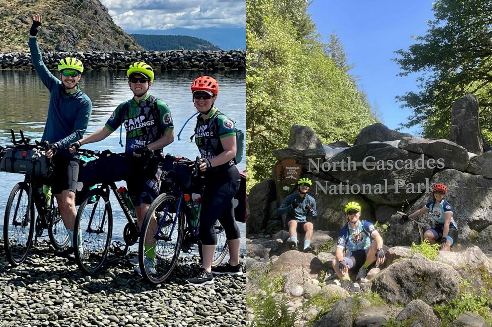 collage of student cyclists outdoors with their bicycles and cycling gear