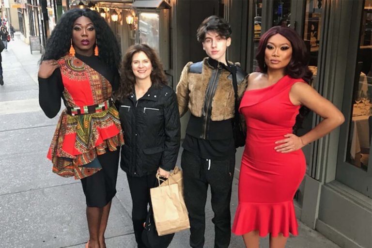 HDFS associate professor Laura Donorfio, center left, poses with her son, Adam, center right, and drag queens BeBe Zahara Benet, far left, and Jujubee during a taping of the TLC show “Dragnificent!,” which featured the mother/son pair.v