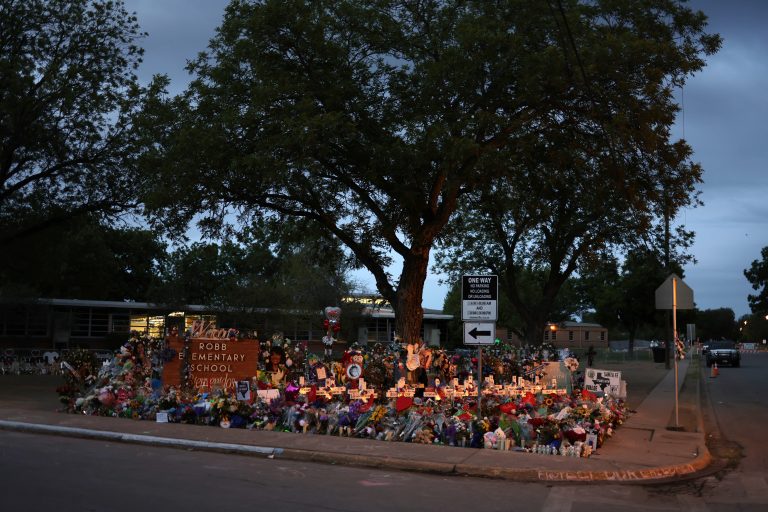UVALDE, TEXAS - JUNE 03: A memorial dedicated to the victims of the mass shooting at Robb Elementary School on June 3, 2022 in Uvalde, Texas. 19 students and two teachers were killed on May 24 after an 18-year-old gunman opened fire inside the school. Wakes and funerals for the 21 victims are scheduled throughout the week.