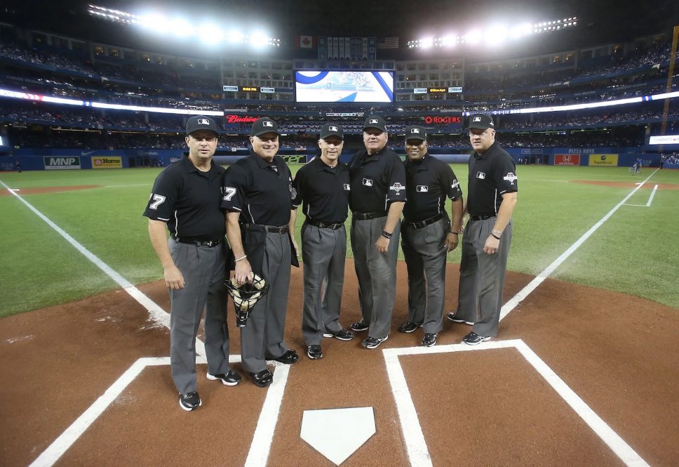 Reynolds, far left, and Iassogna, third from left, before Game 3 of the 2015 American League championship series in Toronto.