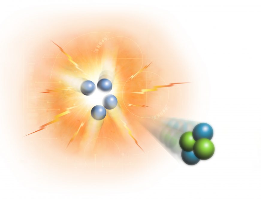 Conceptual image representing the process of nuclear fusion, specifically the creation of helium from hydrogen. Four protons (hydrogen nuclei) are combining on the left, releasing in the process two protons and two neutrons (a helium nucleus).