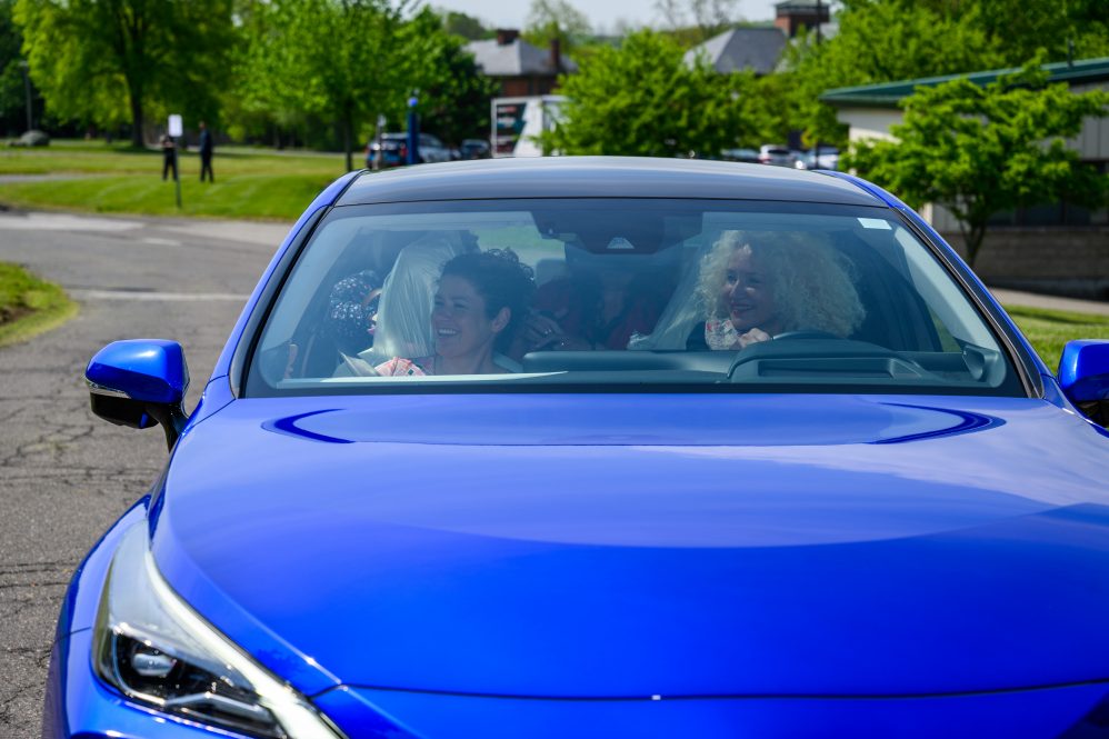 Radenka Maric, right, interim president, State Rep. Jaime Foster, a ride in a hydrogen fuel cell powered Toyota Mirai during a visit to the Center for Clean Energy Engineering