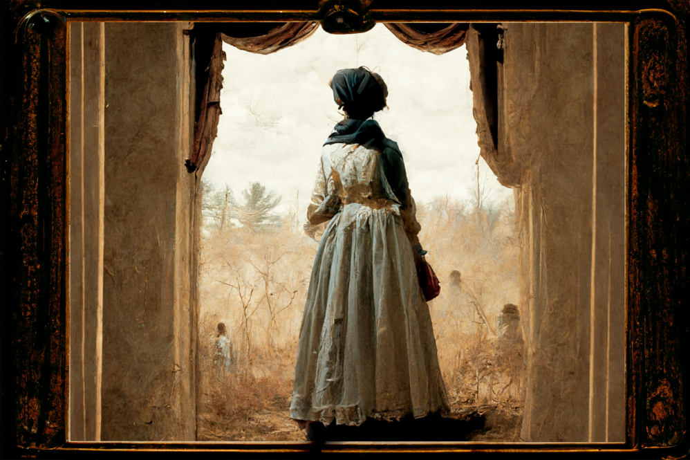 Illustration of a early century woman staring out of a door frame and out into a yard