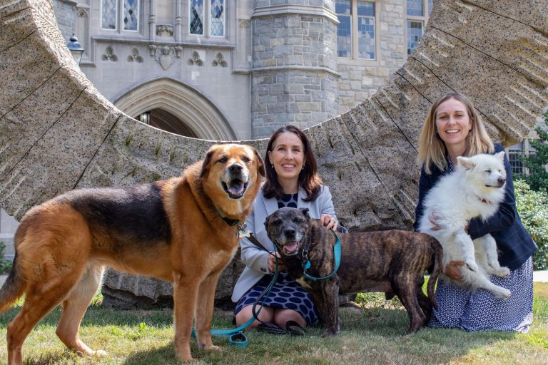 Associate Dean Jessica Rubin and Teaching Fellow Tara Cooley with dogs