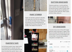 A screen shot showing a variety of projects from the Disability at Home website, including a paint stirrer, DIY grab bars, a magnetic spice rack, and painter's tape.
