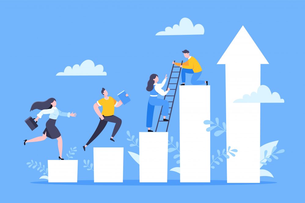 An illustration depicting people being assisted in climbing a bar graph by one person with a ladder, illustrating the concept of mentorship.