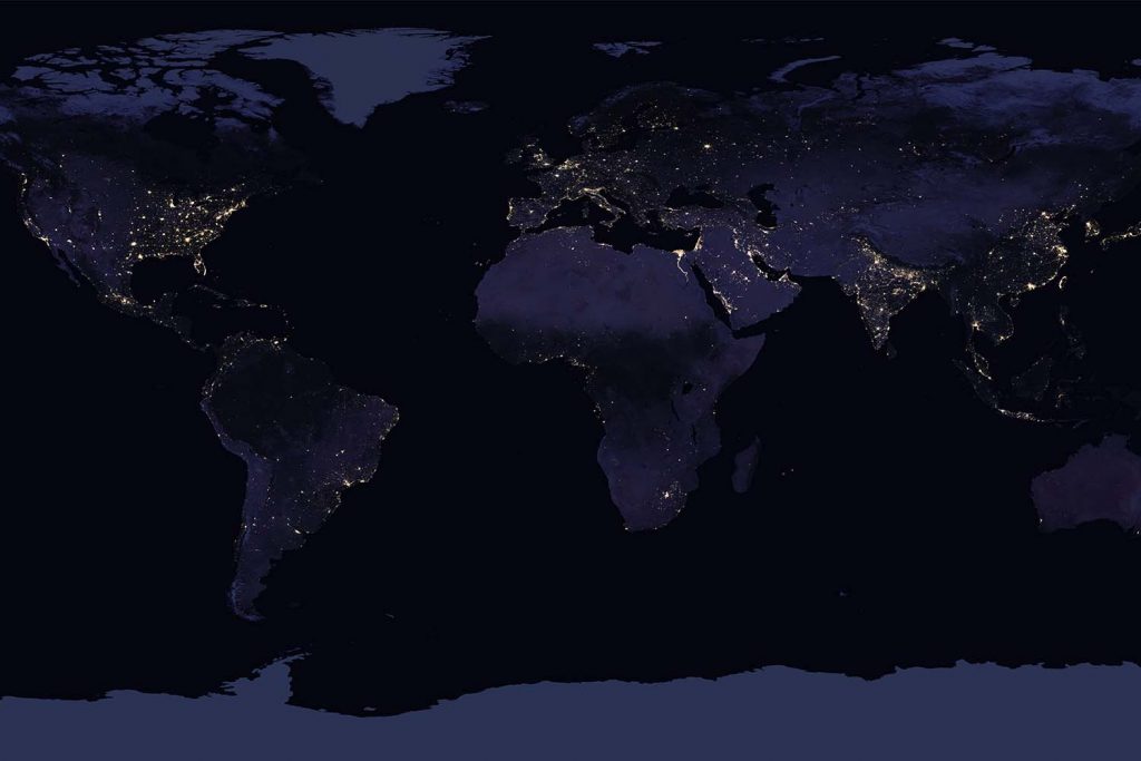 Earth’s night lights as observed in 2016 based on NASA’s Black Marble Product.