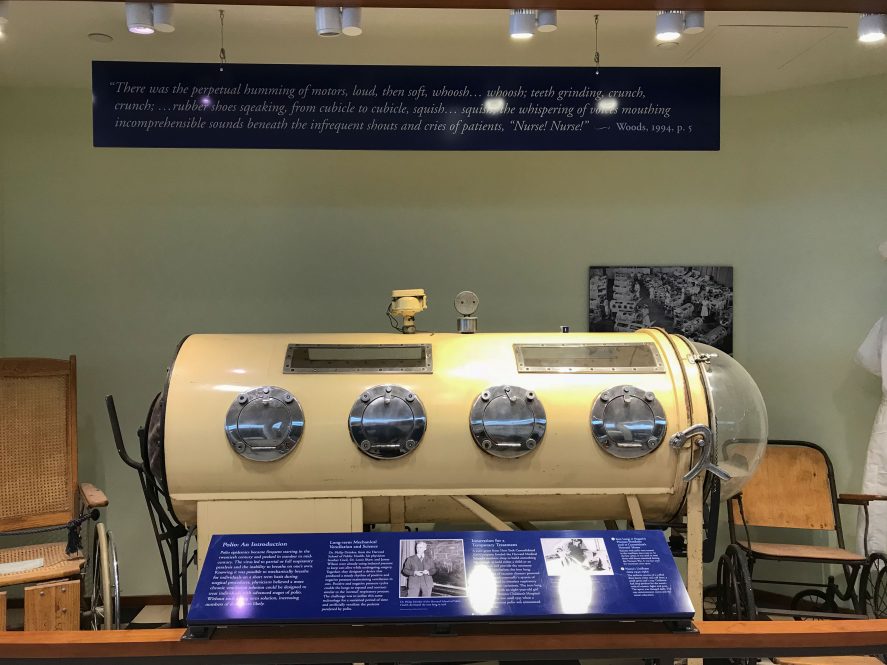 The iron lung on display at the Carolyn Ladd Widmer Wing of Storrs hall on April 3, 2018. These mechanical respirators were familiar sights in the US before the development of the polio vaccine.