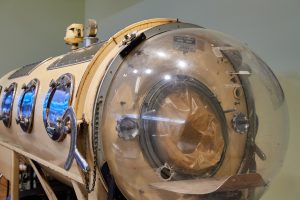 The iron lung on display as part of the Dolan collection at the Widmer Wing of Storrs Hall on April 23, 2018. 