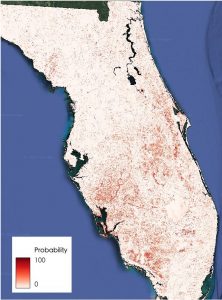 This image shows the disturbance probability map as of October 3rd, 2022, revealing a large-scale damage pattern for Florida which enables locating hotspots. 