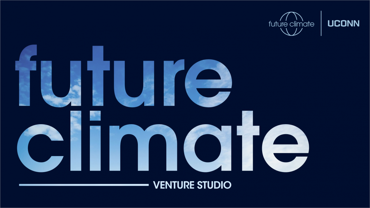 The text 'future climate venture studio' on top of a blue background