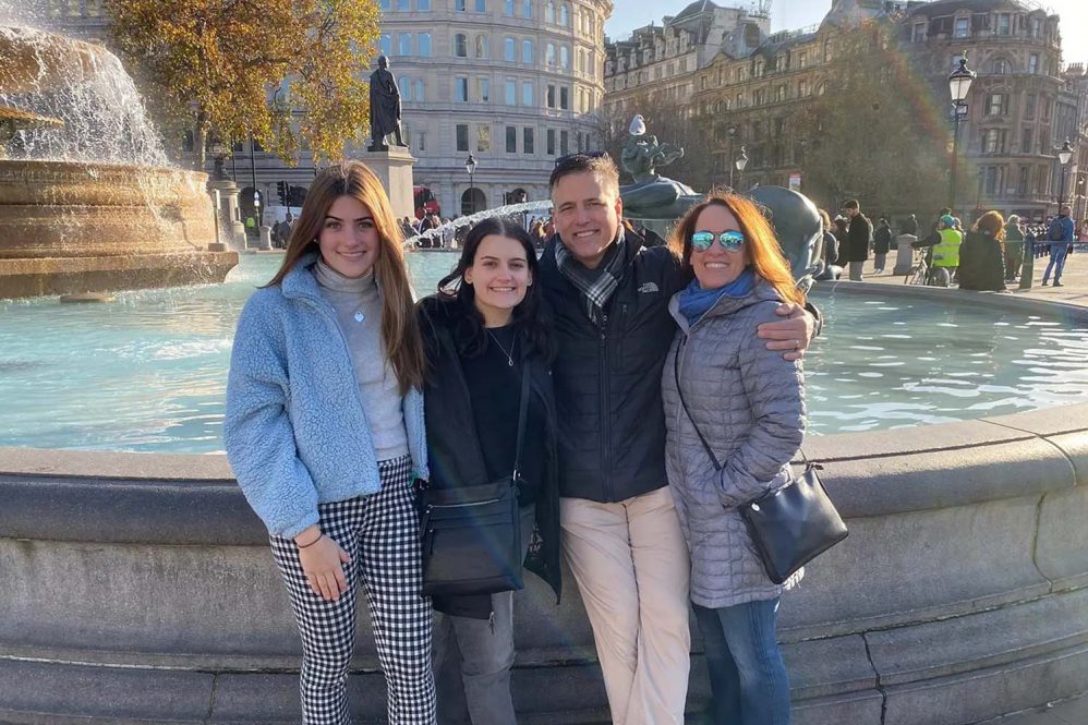 The Lewises in Trafalgar Square visiting Sam during her freshman year at NYU London in 2019. From left: Ava, Sam, Greg, and Barbara.