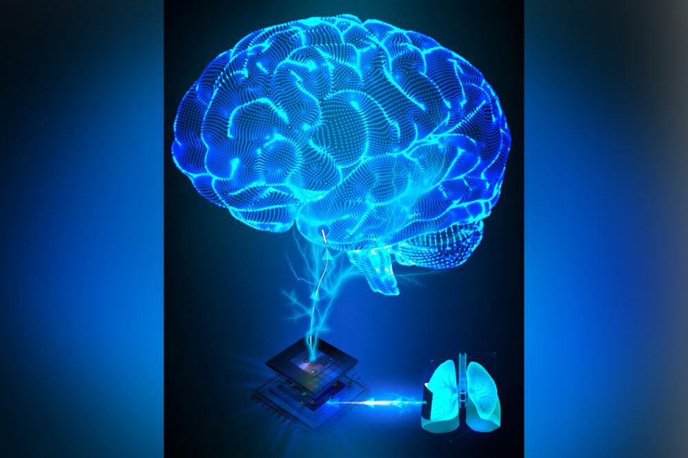 An illustration of a human brain being powered by blue light meant to represent breath.
