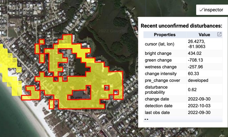 The damaged region (yellow polygons) mapped by the NRT in Fort Myers beach. The increased brightness indicates the exposure of bare and sandy lands relating to Hurricane damage to trees and buildings.