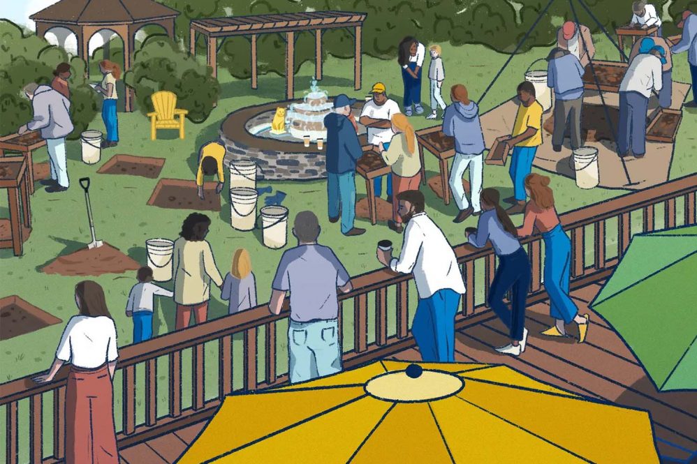 An illustration of people standing around drinking coffee while observing people digging in the backyard archaeological site
