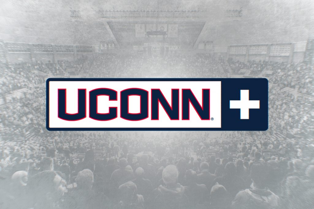 A crowd view of Gampel with the UConn+ logo laid over it