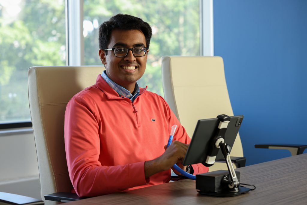 Aarush Kolli with equipment that will help monitor people with respiratory challenges.