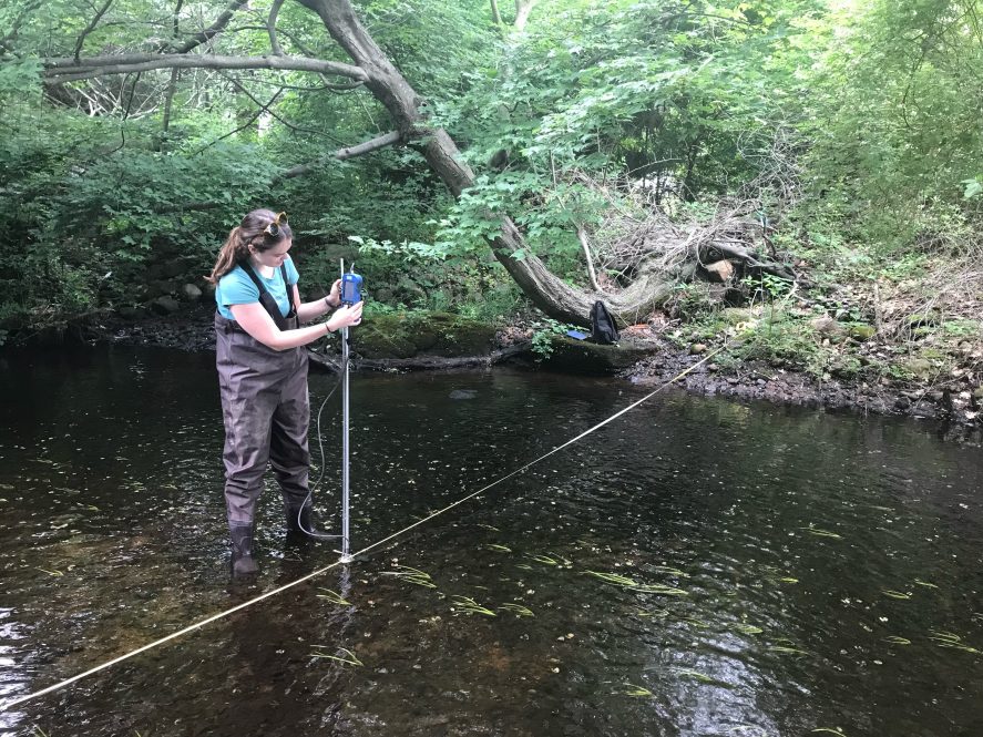 A woman in chest waders stands in a stream, taking scientific measurements.