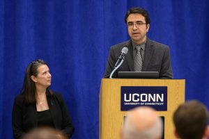 Ugur Pasaogullari, professor and director, Center for Clean Energy Engineering, speaks at a forum on the world climate held at Greenwich High