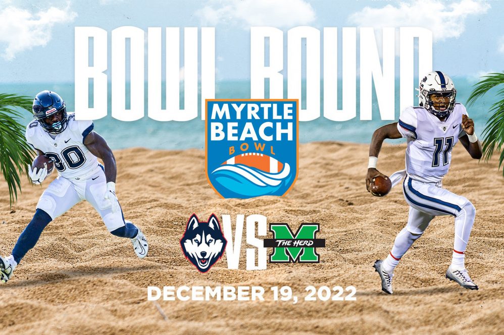 Graphic with information on UConn Football being bowl bound. The graphic depicts UConn vs Marshall Thundering Herd on December 19 at the Myrtle Beach Bowl