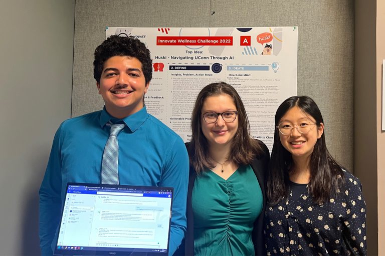 Second-year students Audrey Larson and Angel Velasquez, and third-year student Charlotte Chen competed as a team in the annual UConn Student Health and Wellness Innovate Wellness Challenge,