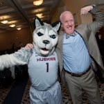 O'Neill with Jonathan the Husky mascot at CAHNR's Awards & Honors ceremony