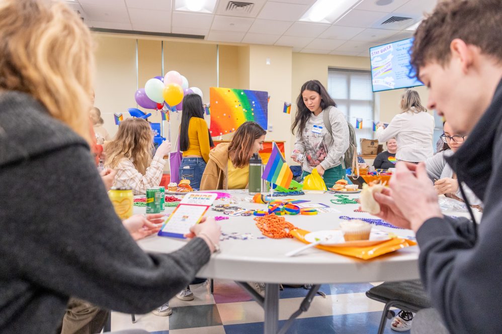 Students, faculty and staff at UConn Waterbury enjoy the festivities at the campus’ inaugural Pride Party celebrating the LGBTQIA+ community on March 28, 2023.