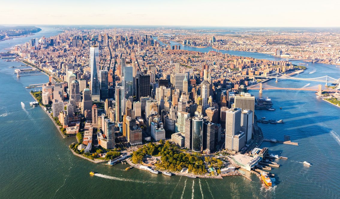 Aerial view of lower Manhattan New York City.