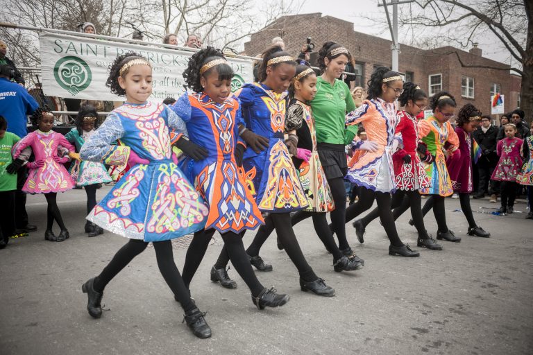 Multicultural students from the Keltic Dreams dance company of PS 59 in the Bronx perform their Irish Step Dancing routines at the Sunnyside, Queens St. Patrick's Parade on March 3, 2014.