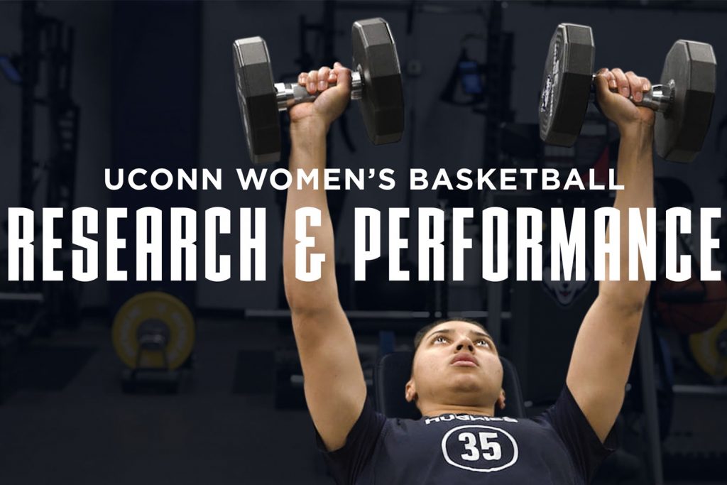 Azzi Fudd lifting weights with the video title "UConn Women's Basketball: Research & Performance" overlaid