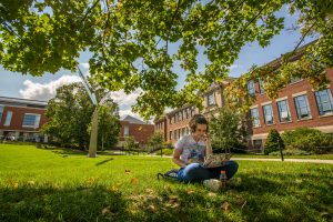 Student using her laptop on the Student Union Mall with Castleman Building in the background. 