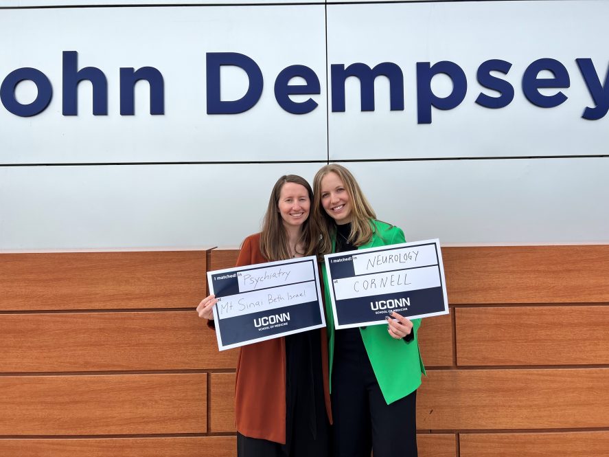 Future Dr. Kathryn Stevens and future Dr. Anne Reisch will graduate on May 8 from UConn School of Medicine.