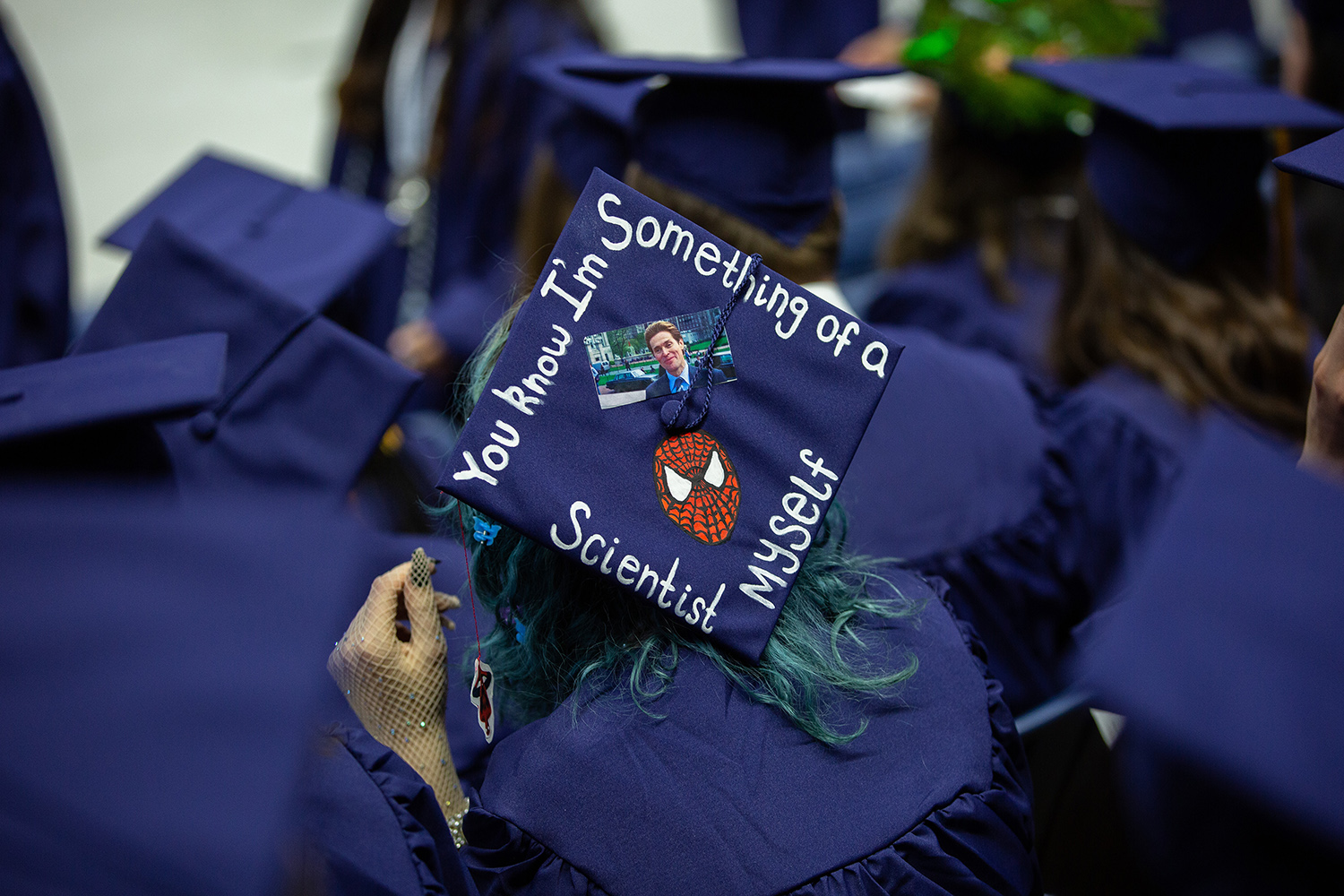 Graduation cap reads "You know I'm something of a scientist myself" with a photo of Spiderman.