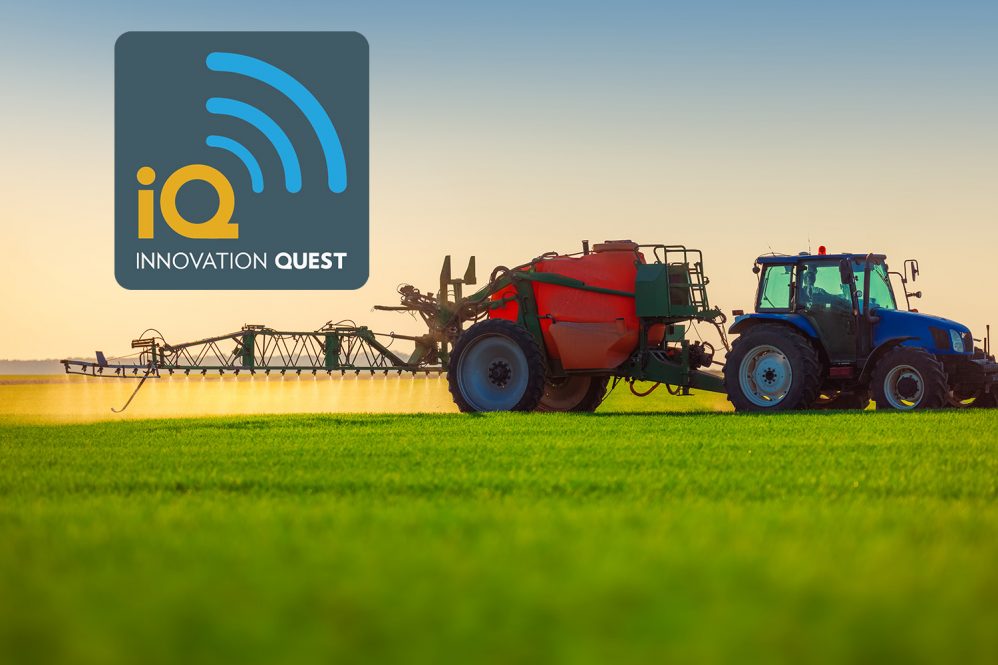 Image of a fertilizer tractor spreading ammonia based fertilizer in the morning. Inset, the Innovation Quest Logo.