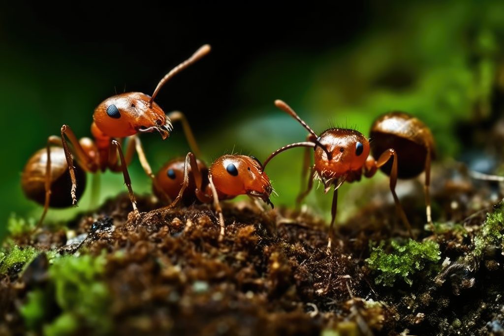 A closeup of three ants standing on a mound of dirt.