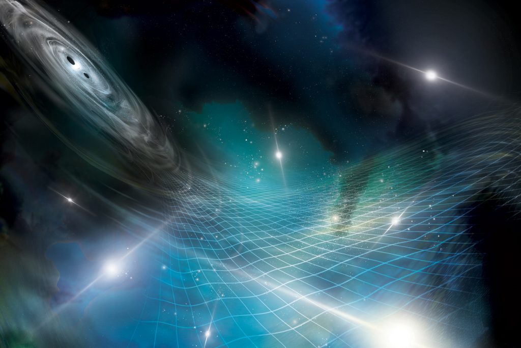 Artist’s interpretation of an array of pulsars being affected by gravitational ripples produced by a supermassive black hole binary in a distant galaxy.