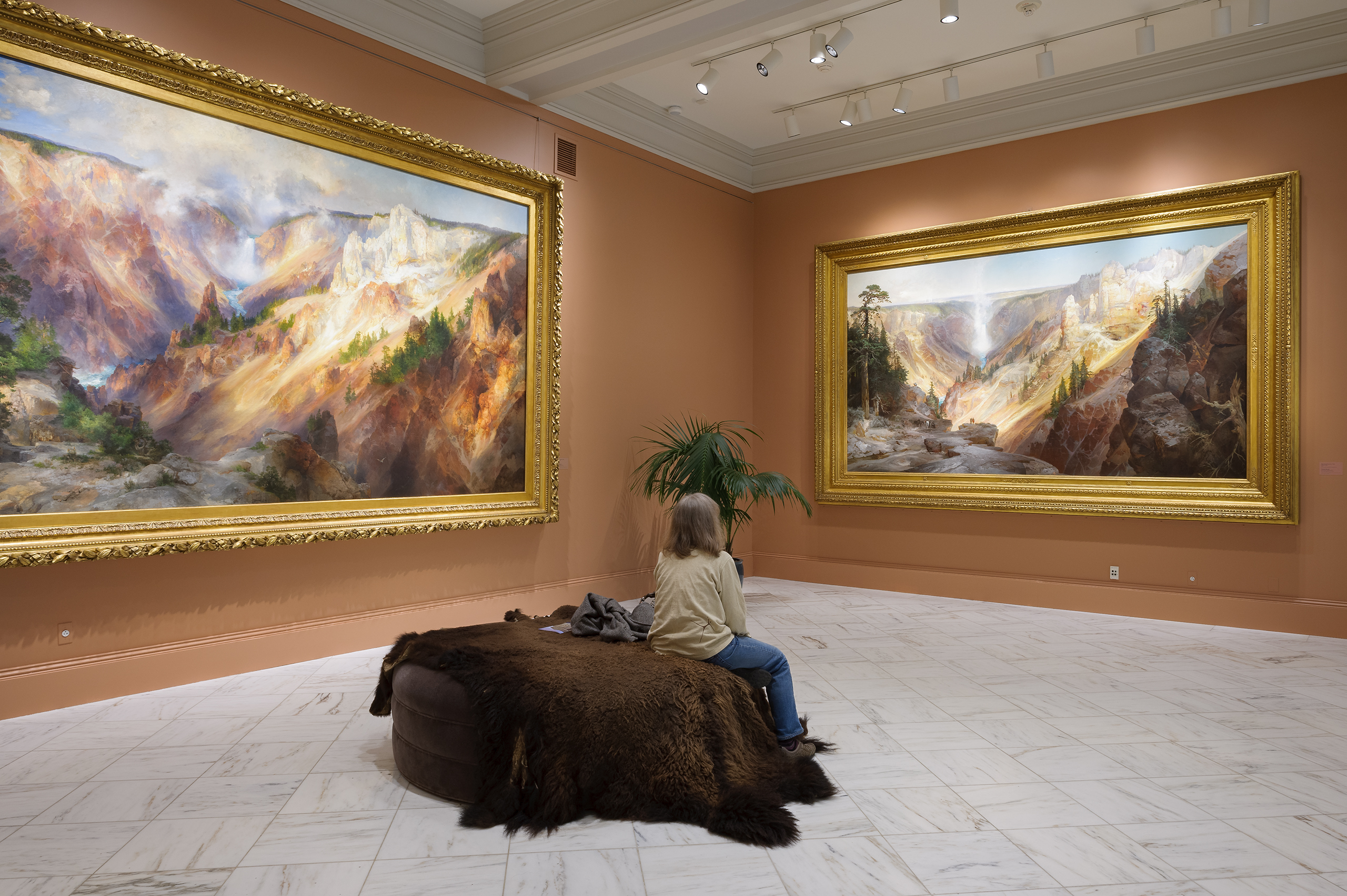 A woman sits in the Smithsonian American Art Museum in Washington, D.C., in 2010, looking at paintings by Thomas Moran. His "The Grand Canyon of the Yellowstone" from 1893 is left and 1872 is right.