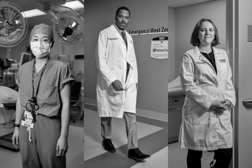 Dr. Francine Zeng, Dr. Nurudeen “Lucky” Osumah, and Dr. Jessica Mary posing in the hospital during their residency.