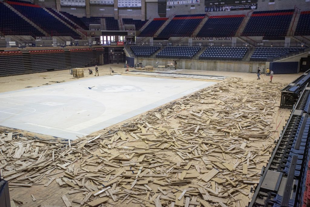 The old Gampel Pavilion floor is removed on May 11, 2023.
