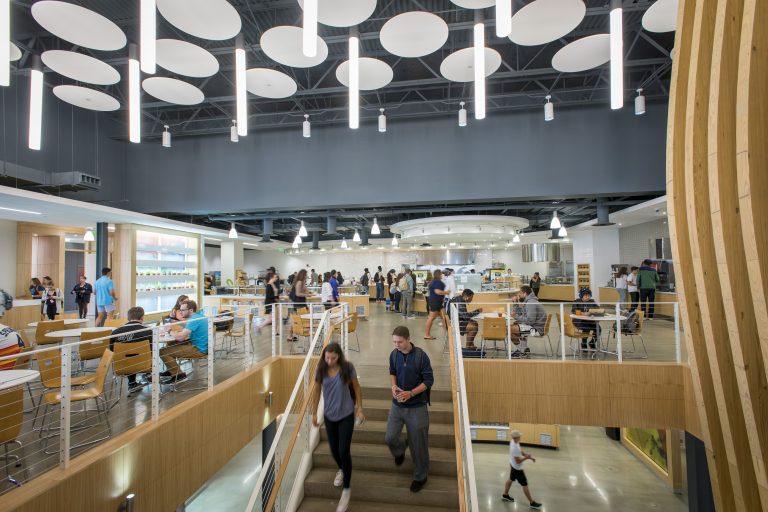 Students walking inside Putnam Dining Hall.