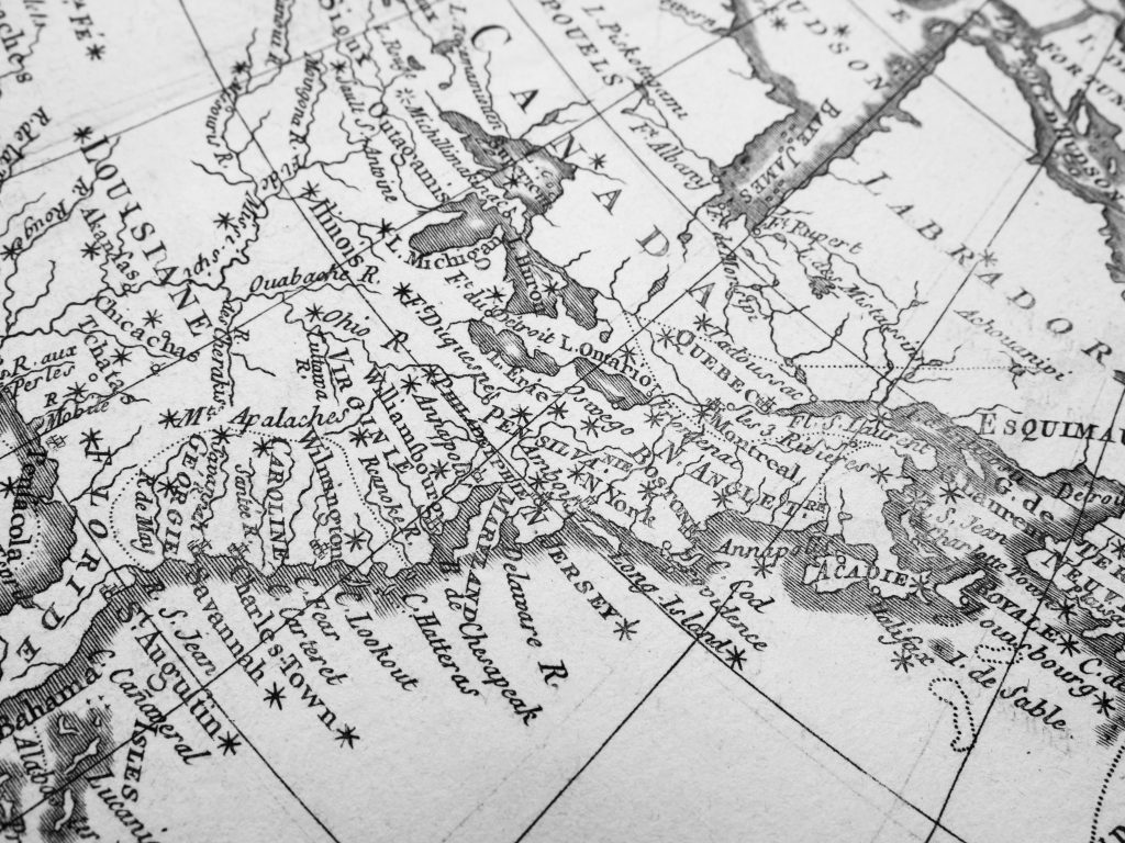 The east coast of what is now the United States, as depicted on a colonial map.
