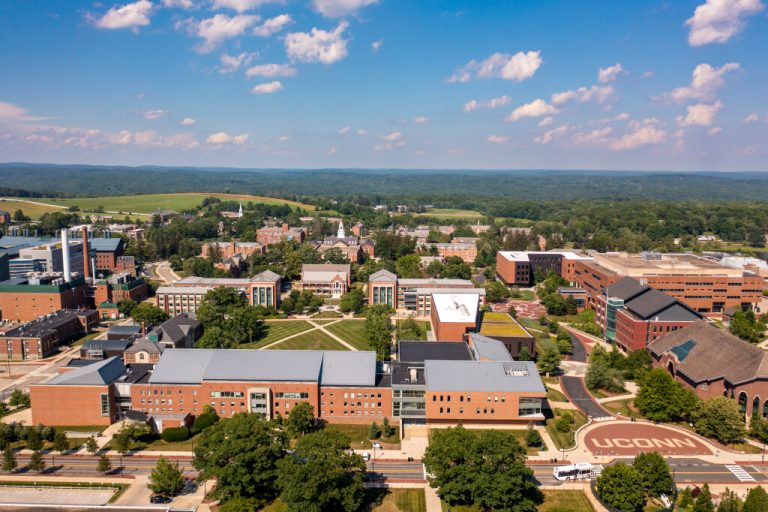 Drone photo looking over the Student Union towards Wilbur Cross