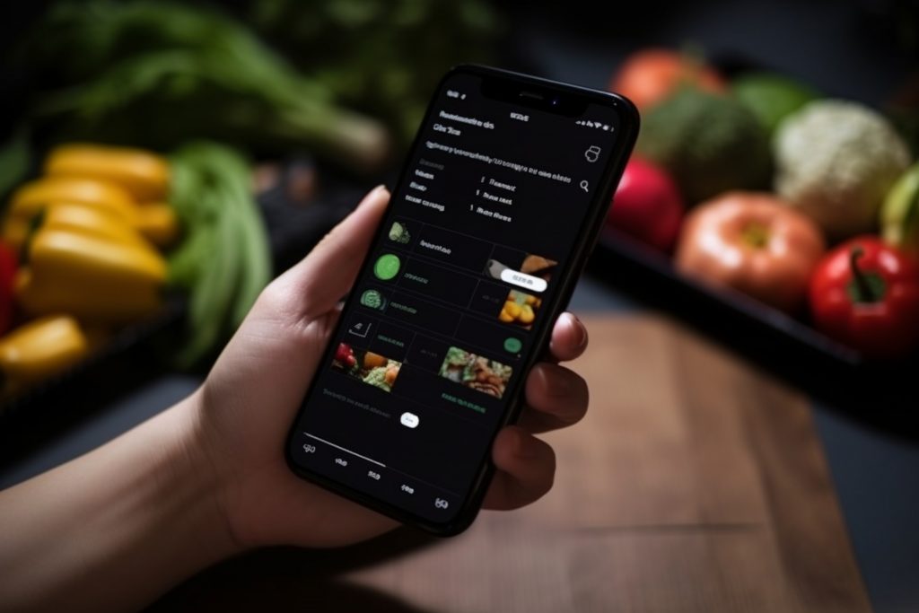 A hand holds a smart phone in a grocery store, with a food-rating app displayed on its screen.