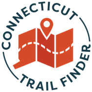 The CT Trail Finder logo. An image of the state of Connecticut folded into a map, and a location tag marker in the center.