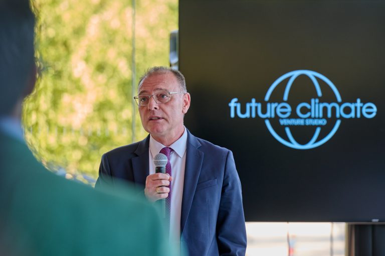 Pamir Alpay, vice president for research, innovation, and entrepreneurship, speaks during a reception to welcome a new cohort of companies to the Future Climate Venture Studio held at the Innovation Partnership Building