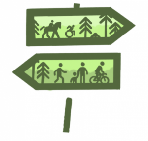 PATHS logo, with pictograms of people on bikes, horses, wheelchairs, and on foot on trails. The overall shape of the logo is a pair of directional trail signposts.