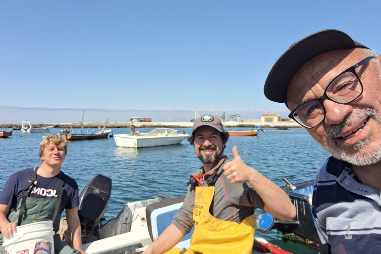 On 22 September 2023, researchers Miguel Araya (right), Mauricio Urbina, and Hannes Baumann go out gill net fishing themselves near Iquique/Chile