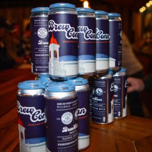 A pyramid of newly produced cans of BrewConn beer. 
