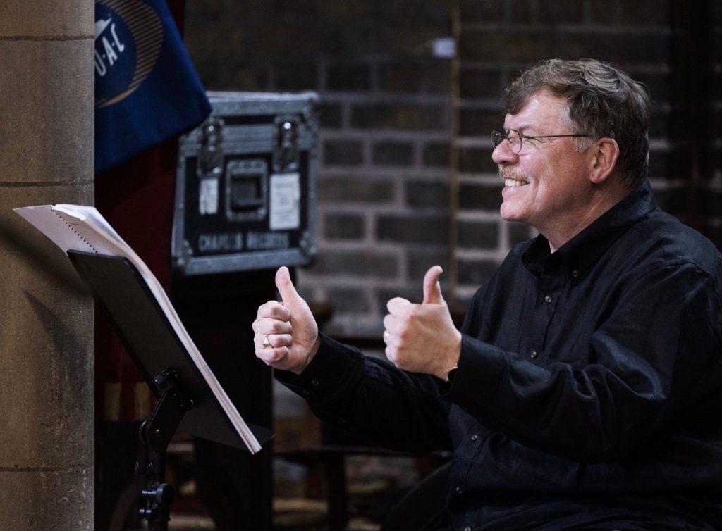 UConn music composition professor Kenneth Fuchs at the recording sessions for his album "Cloud Slant" at St. Augustine’s Church in Kilburn, London.